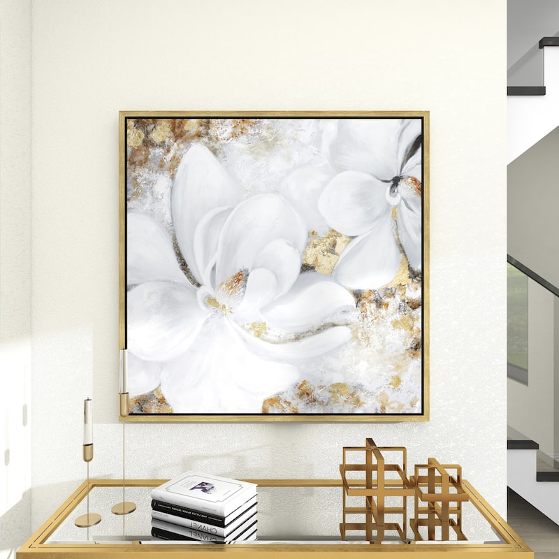 White Canvas Handmade Floral Framed Wall Art with Gold Frame