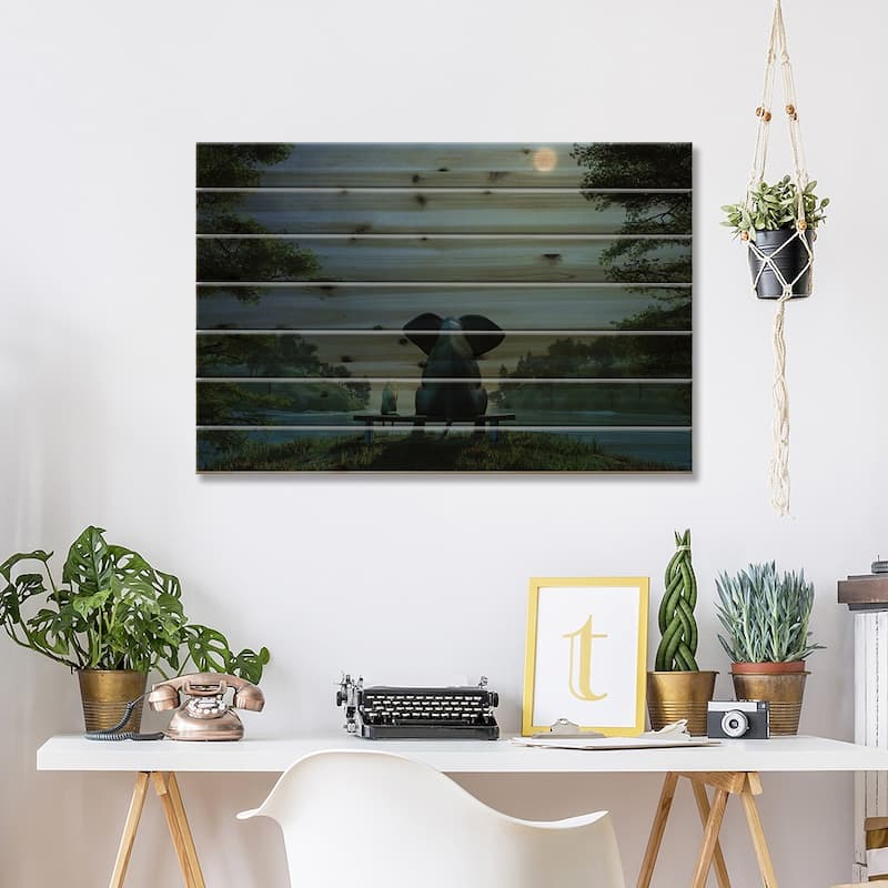 Elephant And Dog At Summer Night Print On Wood by Mike Kiev - Multi-Color