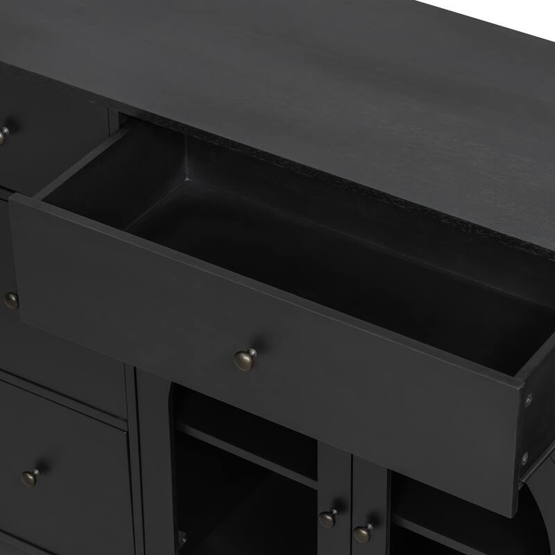 Rustic Wooden Storage Cabinet, Freestanding Buffet Sideboard With Glass Door 7 Drawers Hallway Decorative Cabinet