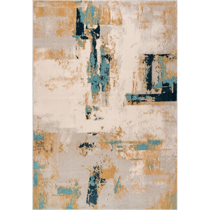 Modern Minimalistic Rustic Abstract Orange Mustard Blue Ivory Area Rug