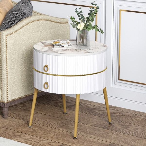 Myhozm Round End Table with Storage Barrel Shaped Nightstand for Living Room Bedroom White Marble Gold