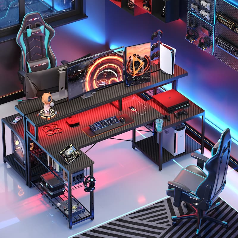Bestier 71.5“” Computer Desk with Power Outlets, L Shaped LED Home Office Desk with Long Monitor Stand and Cup Holder & Hooks