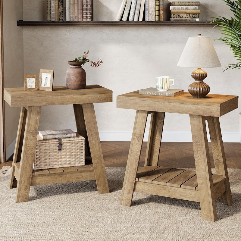 2-Tier Wooden End Table, Farmhouse Small Sofa Side Table with Storage - 2 pcs - Brown