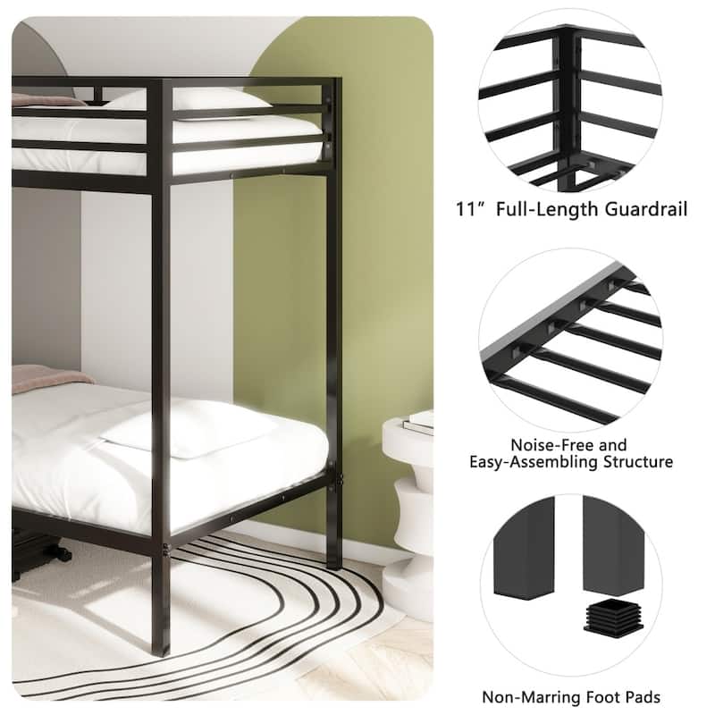 Sturdy Metal Black Twin Over Twin Bunk Bed with Ladder and Guardrails