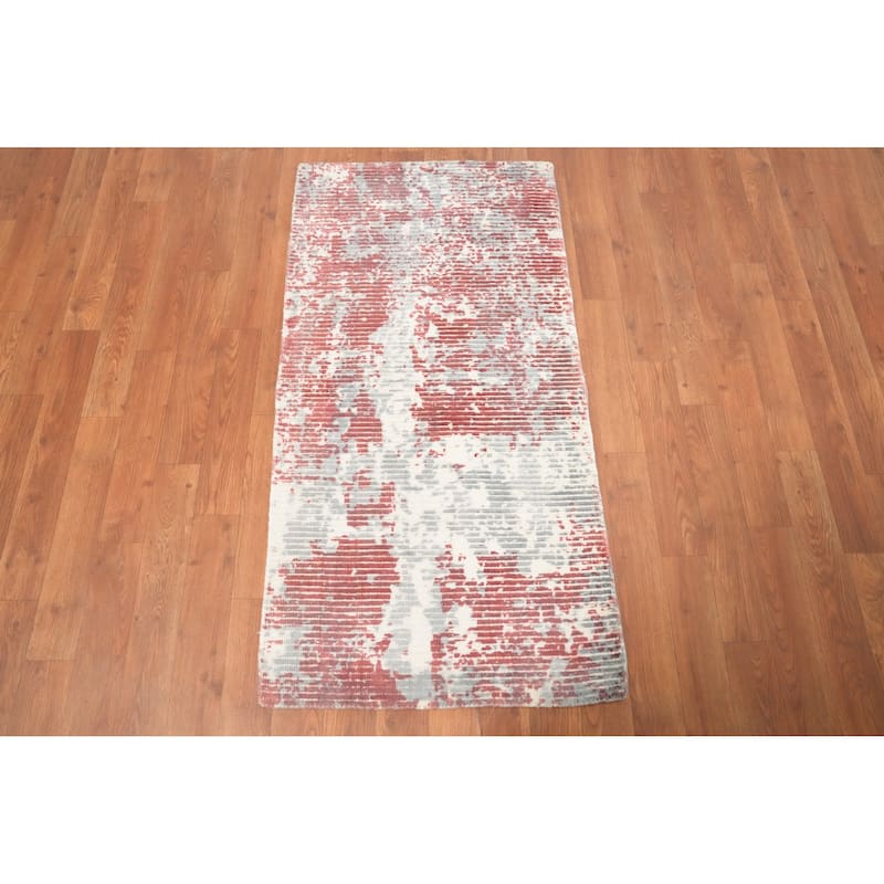 Hand Knotted Oriental Viscose Silk Carpet Modern Abstract Multi-Colored Abstract Area Rug - 4' 0'' X 2' 0''