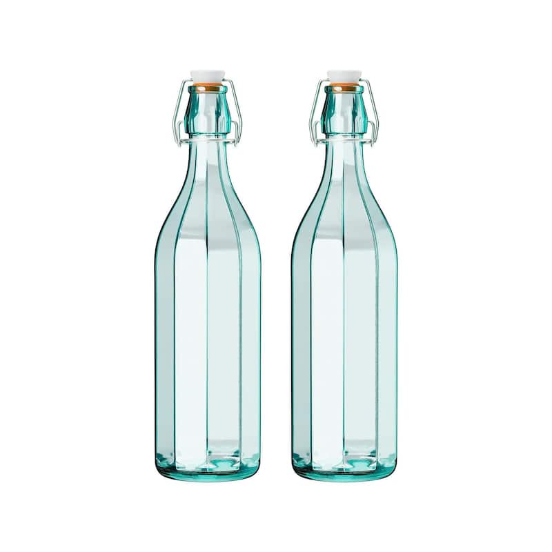 Amici Home Set of 2 Italian Recycled Green Faceted Hermetic Bottles