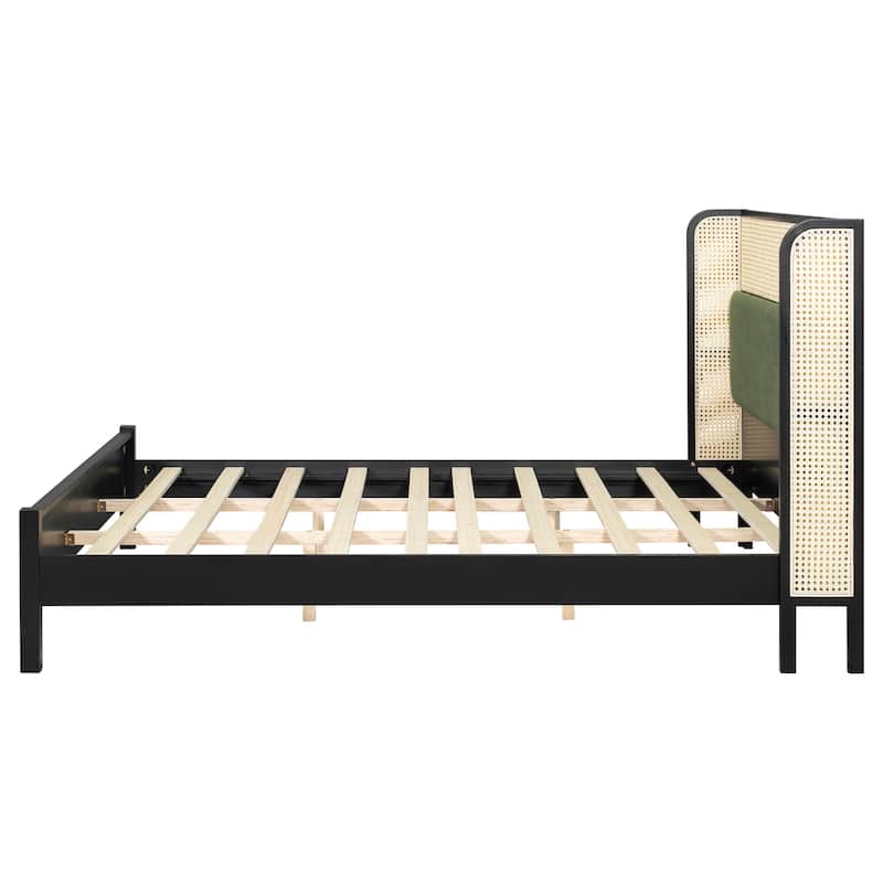 Christopher Knight Home - Mid-Century Upholstered Wood Low-Profile Platform Bed with Rattan Weaving Headboard