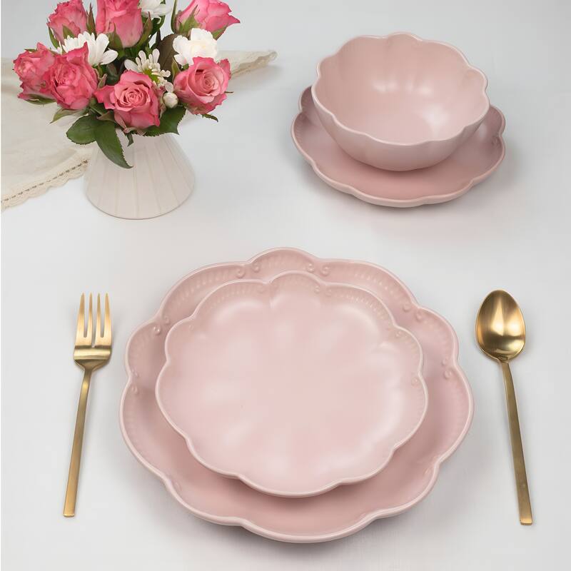 Sango Bethany 12-Piece Stoneware Dinnerware Set - Service for 4, Scalloped Plate & Bowl Set