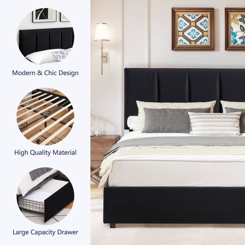 Javlergo Bed Frame with Storage Drawers, Upholstered Platform Bed Frame with Adjustable Headboard