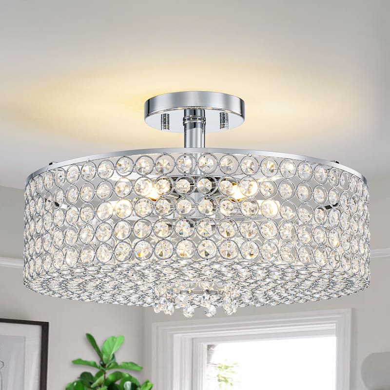 Modern 5 Light Mesh Crystal Shade Semi-Flush Mount Ceiling Light - Dia.15.75-in - Dia.15.75-in
