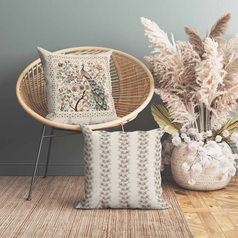 Peacock Kalamkari Indoor/Outdoor Reversible Throw Pillow Beige and Green