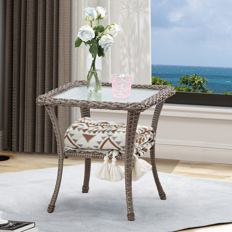 Cozywor Brown Wicker Outdoor Patio Side Table Square Coffee Table