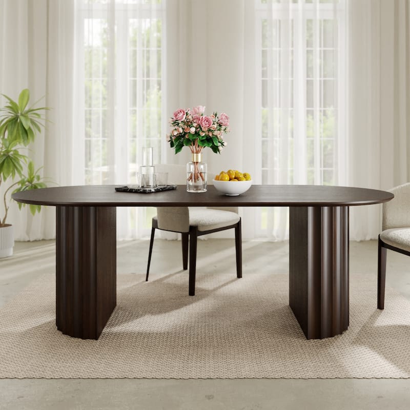 Modern Oval Wooden Dining Table - 79" Large Size, Sturdy Fluted Base, Natural Oak Finish for Dining Room - Walnut