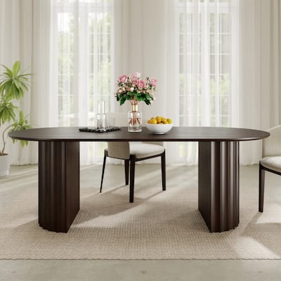 Modern Oval Wooden Dining Table - 79" Large Size, Sturdy Fluted Base, Natural Oak Finish for Dining Room
