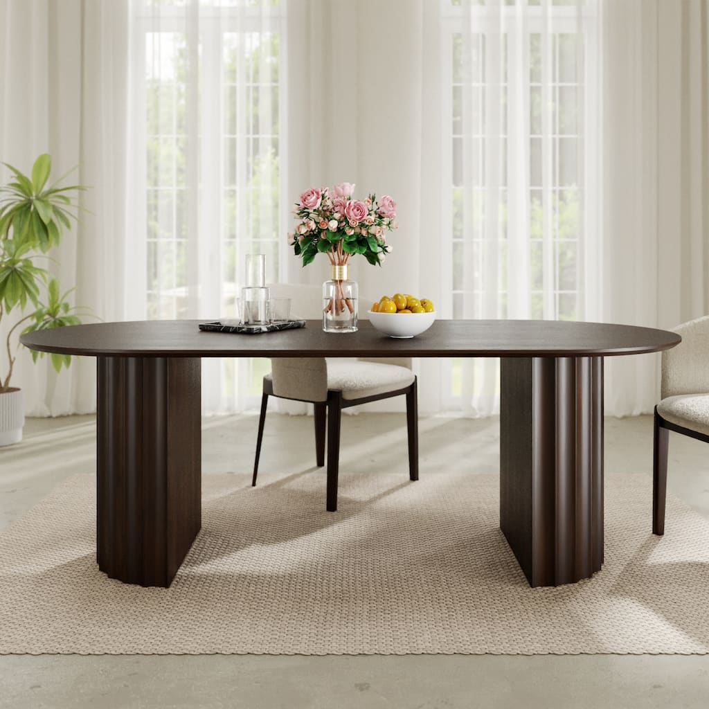 Modern Oval Wooden Dining Table - 79" Large Size, Sturdy Fluted Base, Natural Oak Finish for Dining Room
