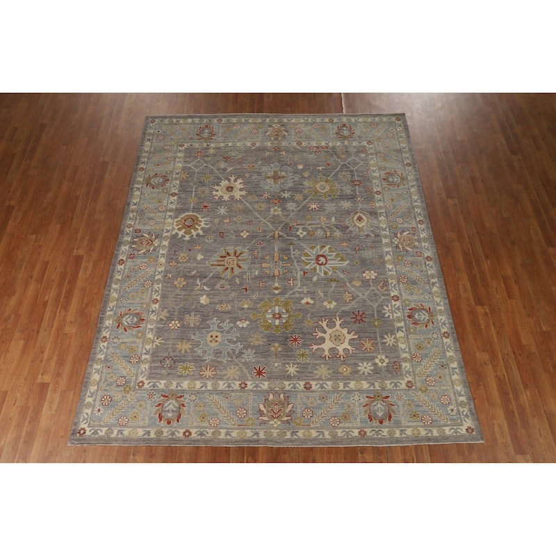 Hand Knotted Oriental 100% Wool Carpet Transitional All-Over Greys & Charcoal Oushak Area Rug - 9' 10'' X 7' 11''