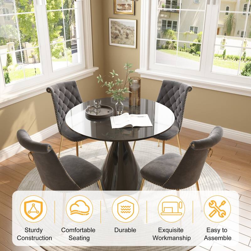 48" Light Luxury Black High Gloss Large Countertop Dining Table with Velvet Dining Chair Set