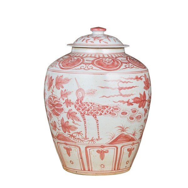 Coral Red Ginger Jar Bird Motif Small Overstock 31278955