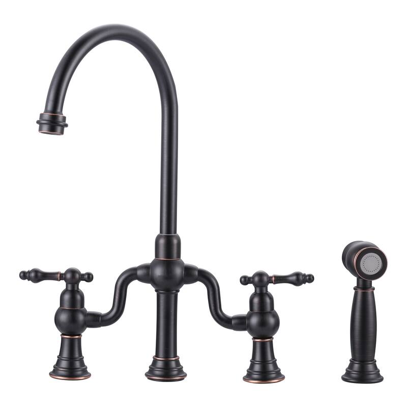 WOWOW Double Handle High Arc Bridge Kitchen Faucet with Side Sprayer - Oil Rubbed Bronze