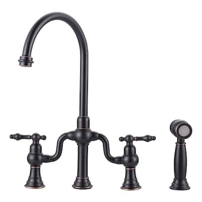 WOWOW Double Handle High Arc Bridge Kitchen Faucet with Side Sprayer