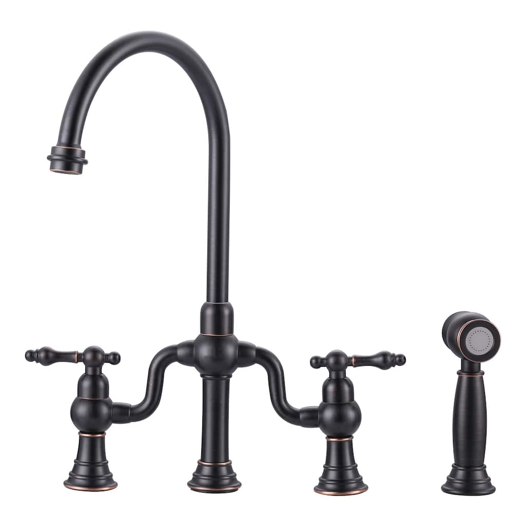 WOWOW Double Handle High Arc Bridge Kitchen Faucet with Side Sprayer