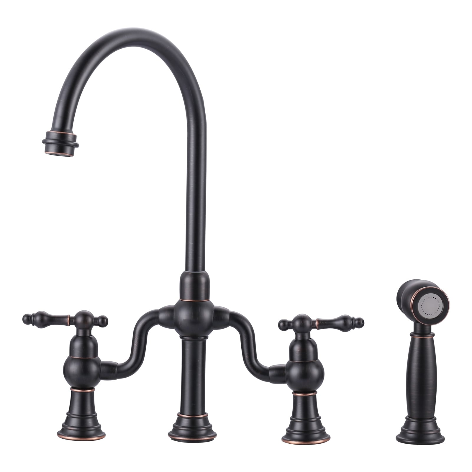 WOWOW Double Handle High Arc Bridge Kitchen Faucet with Side Sprayer