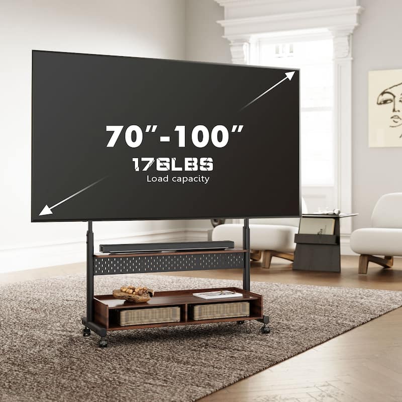 FITUEYES Rolling Floor TV Stand Mount for 70-100 Inch TVs ,with Two Wooden Large Storage