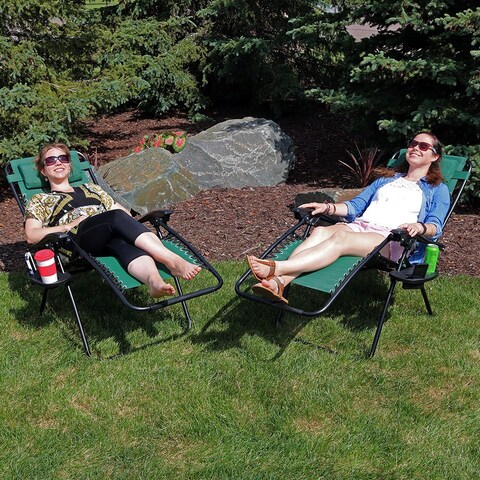Sunnydaze Forest Green Zero Gravity Lounge Chairs and Cup Holder - Set of 2