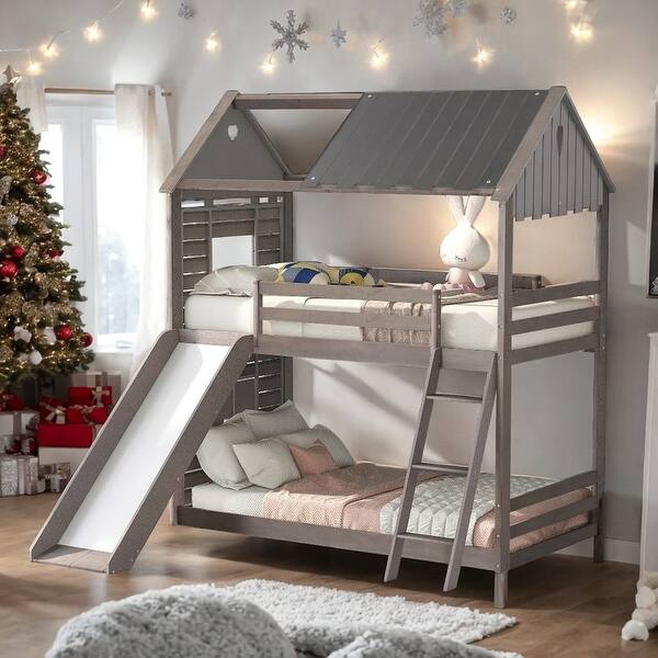 slide 2 of 48, Twin Over Twin Bunk Bed Wood Bed with Slide and Ladder