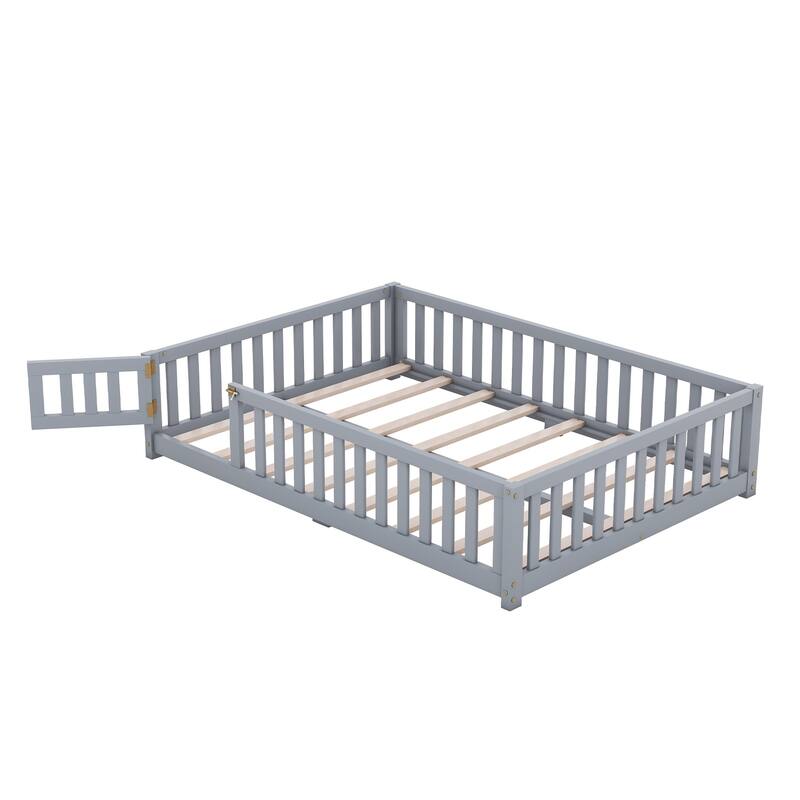 Twin/Full/Queen Size Floor Bed with Safety Guardrails for Kids, Wood Montessori Bedframe w/ Door, Children's Noiseless Beds