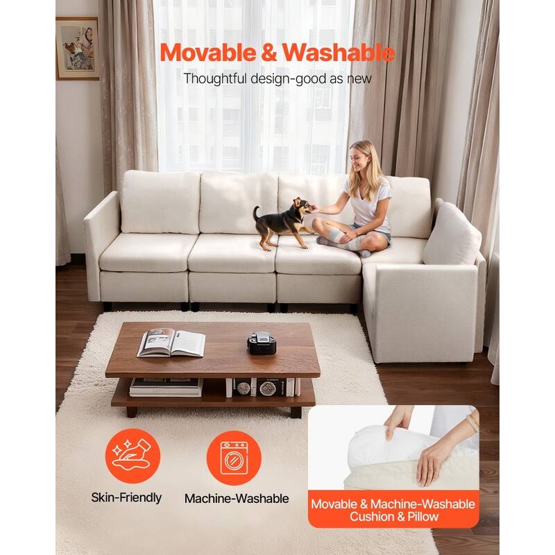 Beige Cotton-Linen Modular Sectional Sofa with Storage, Kid-Friendly Cushions and Wood Frame