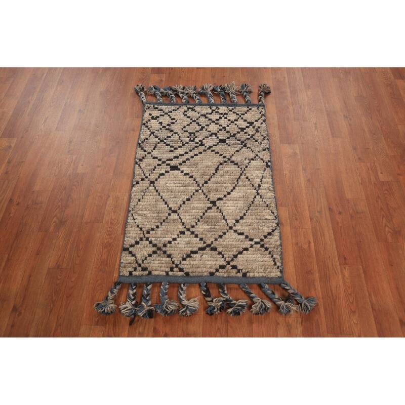 Beige Moroccan Oriental Foyer Rug Hand-Knotted Wool Carpet - 2'0"x 3'0"