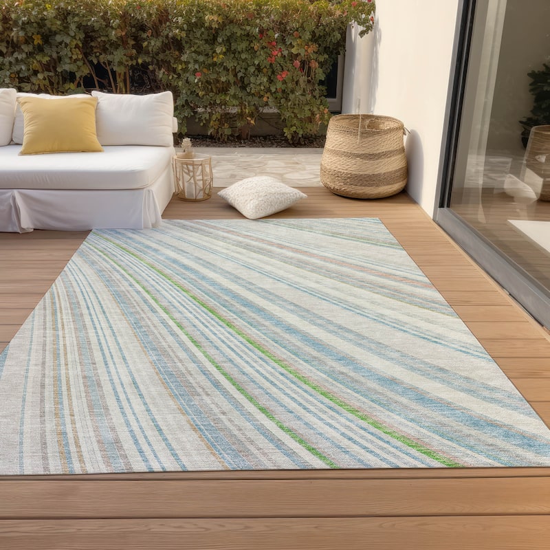 Machine Washable Indoor/ Outdoor Stripe Wave Chantille Rug - Ivory - 10' x 14'
