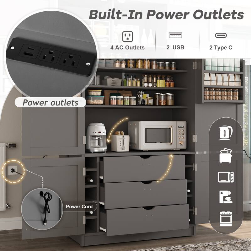 80.1'' Tall Kitchen Pantry Cabinet, Shaker Storage Cupboard w/ Power Outlets, Drawers, Wine Rack, Adjustable Shelves