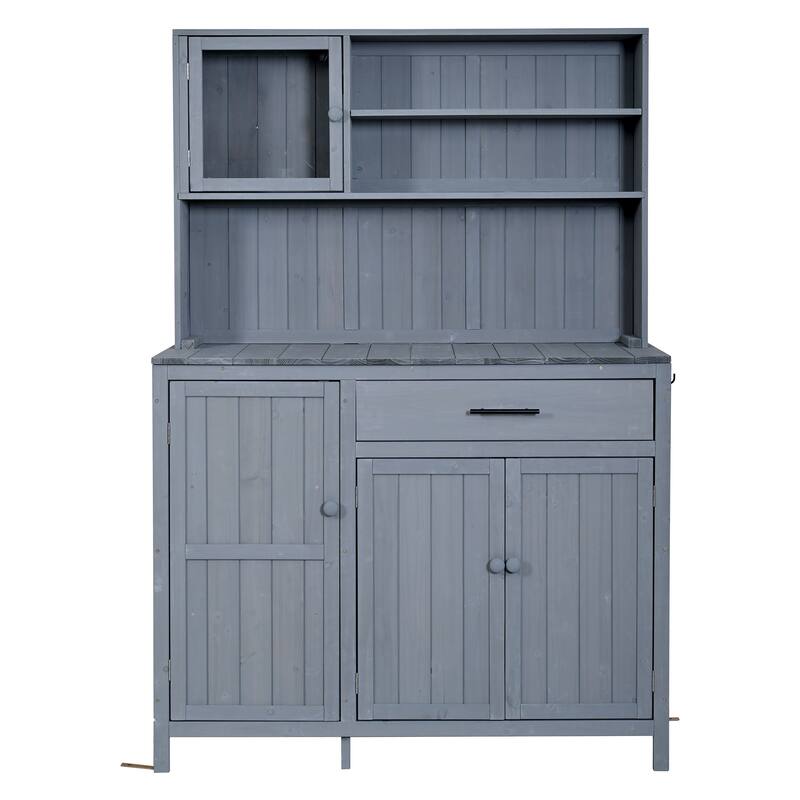 65" Solid Fir Wood Potting Bench with Hutch, Garden Workstation Table with Drawer, Spice Rack & Shelves