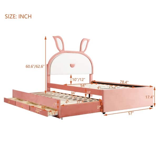 dimension image slide 0 of 4, Rabbit-Shaped Velvet Platform Bed Frame with Trundle & LED Lights