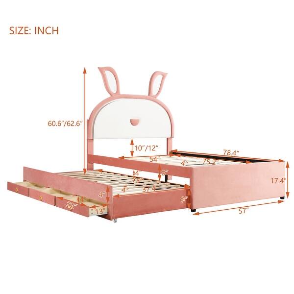 dimension image slide 0 of 4, Whimsical Upholstered Platform Bed with Trundle & 3 Drawers, Rabbit-Shaped Headboard with Embedded LED Lights for Kids