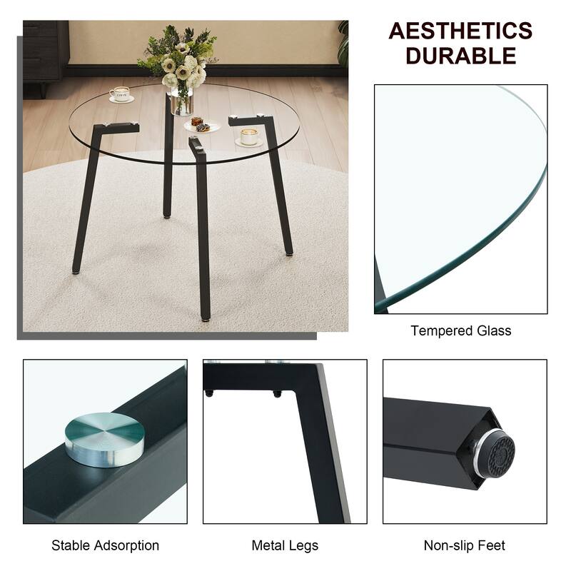 Modern Simple Style Round Transparent Tempered Glass Table, Tempered Glass Table Top, Black Metal Legs