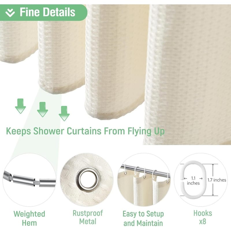 Waffle Textured Heavy Duty Thick Fabric Shower Curtain, Luxury Weighted Polyester Fabric Shower Curtain Set