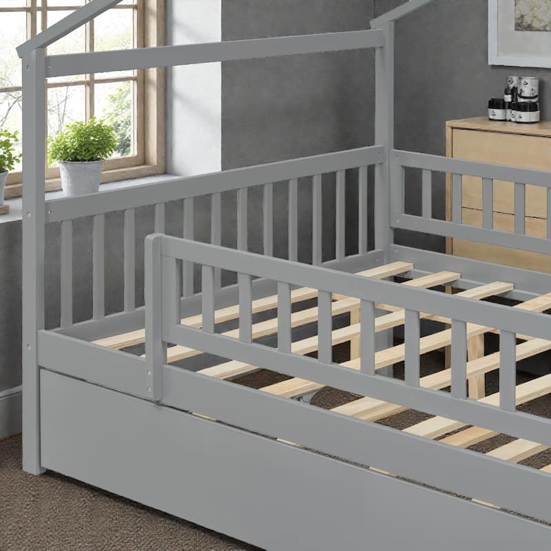 Twin/Full Wooden House Bed with Twin Trundle, Kids Platform Bed Frame with Roof Design, Solid Pine Wood