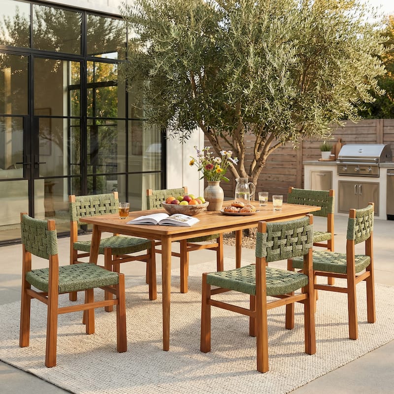 Christopher Knight Home - Mireo 7-Piece Outdoor Acacia Wood Dining Set with Woven Wicker Chairs & 71" Rectangular Slat Table - Teak Finish+Green Wicker