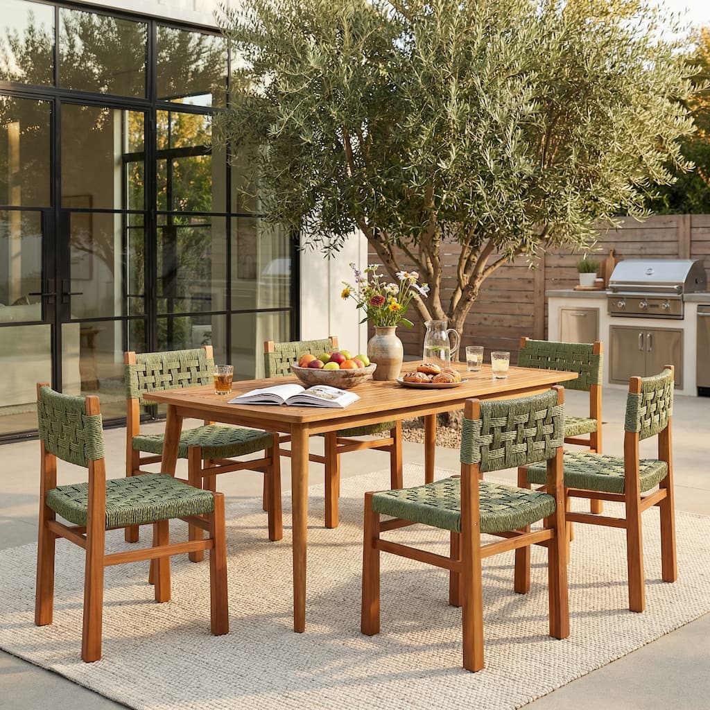 Christopher Knight Home - Mireo 7-Piece Outdoor Acacia Wood Dining Set with Woven Wicker Chairs & 71" Rectangular Slat Table