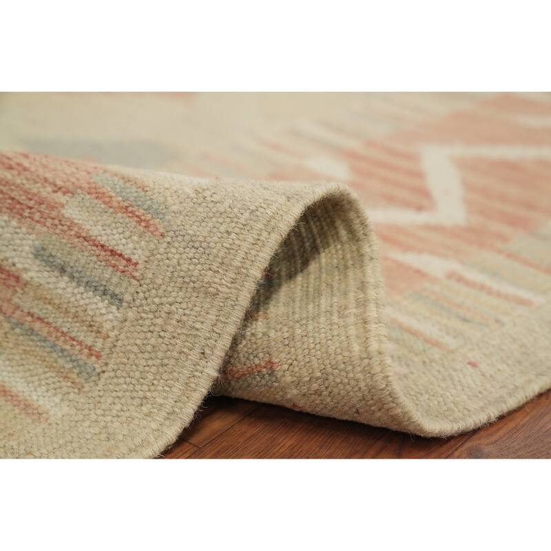 Hand Woven Oriental 100% Wool Carpet Southwestern Tribal Beige & Ivories Kilim Area Rug - 9' 2'' X 6' 2''