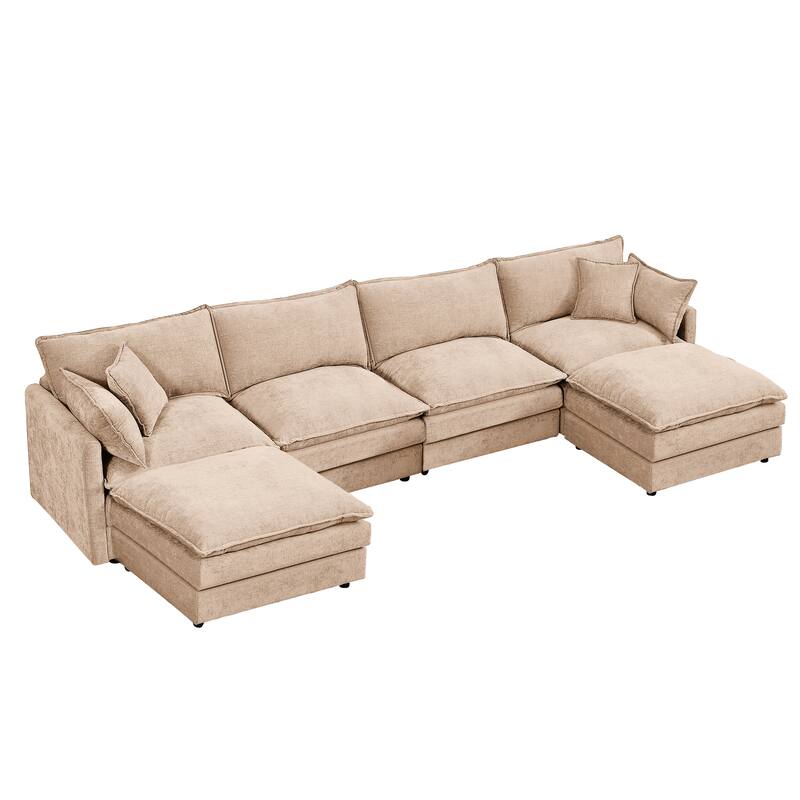 U Shaped Modular Sectional Sofa with Movable Ottoman, Comfy Chenille 4-Seater Cloud Couch, High-Resiliency Foam Deep Seat Sofa