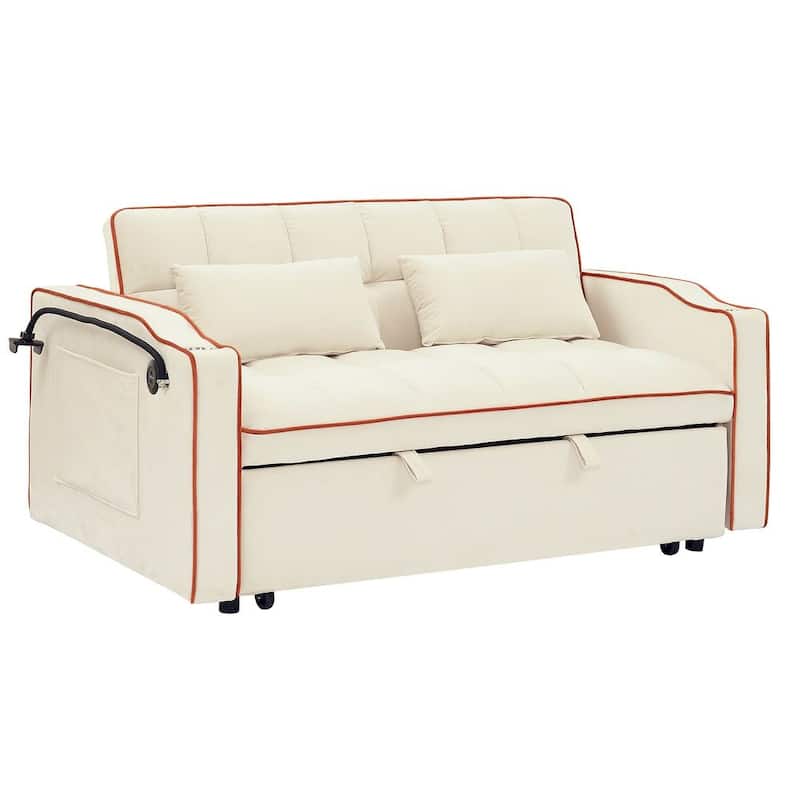55.51'' Modern Versatile Foldable Sofa Bed With Adjustable Back and USB Port and Ashtray and Swivel Phone Stand