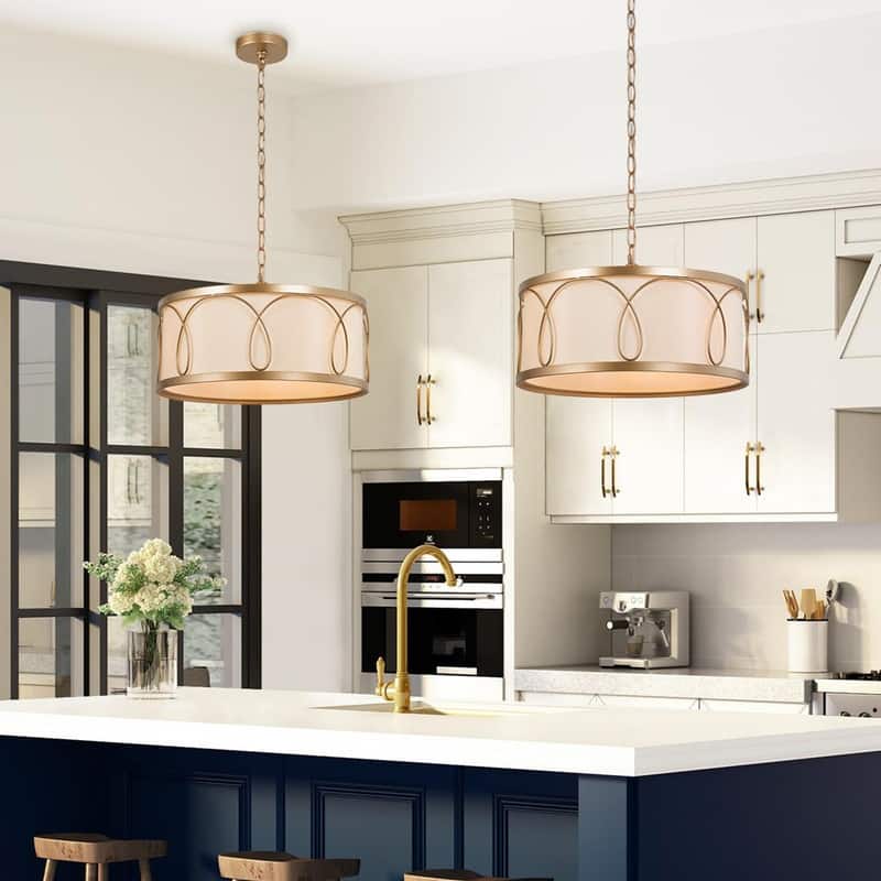 Mid-century Modern Drum Gold Chandelier Kitchen Island Pendant with Fabric Shade - D 16'' x H 67'' - D 16'' x H 67'' - Rose Gold