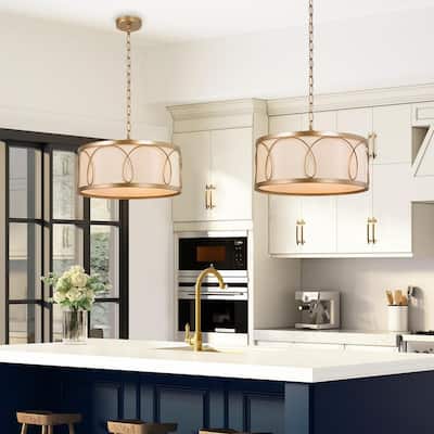 Mid-century Modern Drum Gold Chandelier Kitchen Island Pendant with Fabric Shade - D 16'' x H 67''