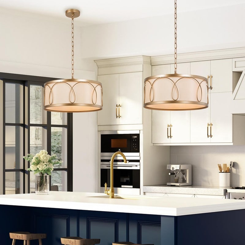 Mid-century Modern Drum Gold Chandelier Kitchen Island Pendant with Fabric Shade - D 16'' x H 67''