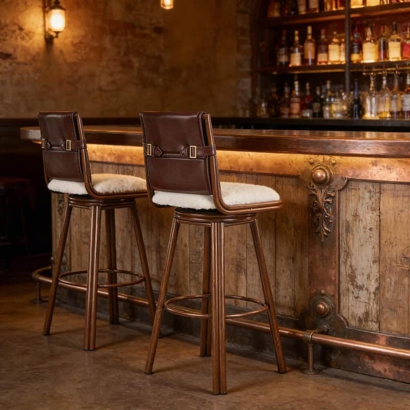 Sibyl Upholstered Swivel Bar Stool Set of 2, Walnut Metal Frame, Beige