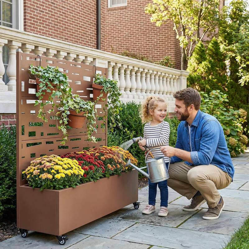 Raised Garden Bed Planter with Trellis Movable Planter Box with Lockable Wheels